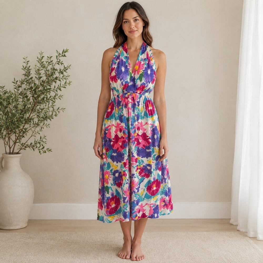 Vintage Floral Halter Midi Dress Rayon Open Back Medium Garden Party Romantic -